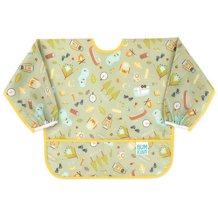 Bumkins Sleeved Bib, Handy Tie Closure for Custom Fit, Catch-All Pocket, Baby-Led Weaning, Waterproof, Machine Washable, Stain & Odour Resistant, BPA Free, 6-24 Months, Camp Gear Design
