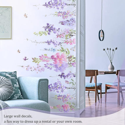 VePret Purple Flowers Wall Decals Peel and Stick, Large Hanging Floral Leaf Vinyl Wall Stickers, Removable Vine Home Decor Art for Bedroom Living Room Classroom Office