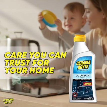 Cerama Bryte Combo Kit POW-R Grip, Scraper, Pad & Removes Tough Stains Cooktop and Stove Top Cleaner for Glass - Ceramic Surfaces, 10 Ounces, 4 Piece