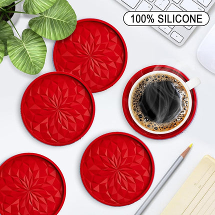ME.Fan Silicone Coasters [6 Pack] Coasters with Holder - Drinking Coasters - Cup Mat for Drinks - Live for Hot or Cold Drink Thickened, Non-Slip, Non-Stick, Deep Tray Red