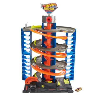Pista de juguete Hot Wheels Mega Garaje, almacena más de 60 vehículos, incluye 1 vehículo de fundición (Mattel GTT95)