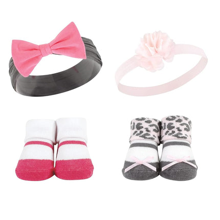 Hudson Baby baby-girls Headband and Socks Set, Pink Leopard, 0-9 Month