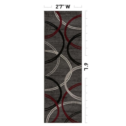 Tapis de couloir ou de salle de bain Rugshop motif cercles ondulés modernes, ne peluche pas, rouge, 80 cm x 183 cm