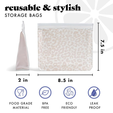 Fit & Fresh Reusable PEVA Storage Bags 3 Pack, Reusable Food Storage Bags, LeakProof Bag, Durable, Reusable Sandwich Bags, Freezer Safe Bags, Hand Wash, Easy to Clean, Eco-Friendly, Ivory Feline Fine