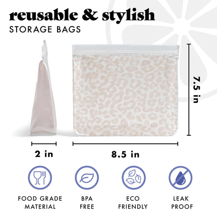 Fit & Fresh Reusable PEVA Storage Bags 3 Pack, Reusable Food Storage Bags, LeakProof Bag, Durable, Reusable Sandwich Bags, Freezer Safe Bags, Hand Wash, Easy to Clean, Eco-Friendly, Ivory Feline Fine