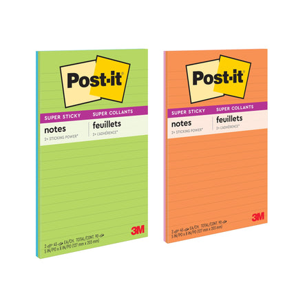 Post-it Super Sticky Notes, 5x8 in, 2 Pads, 2X The