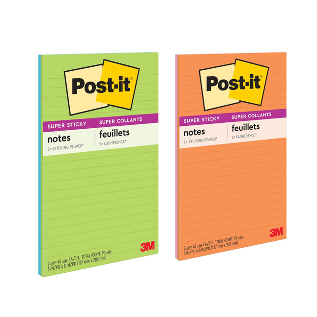 Post-it Super Sticky Notes, 5x8 in, 2 Pads, 2X The