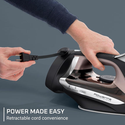 Rowenta Access Stainless Steel Soleplate Steam Iron with Retractable Cord 1725 watts Powerful steam diffusion, Cord easy storage, Auto-off, Anti-Drip, Portable, Ironing, Garment Steamer Black