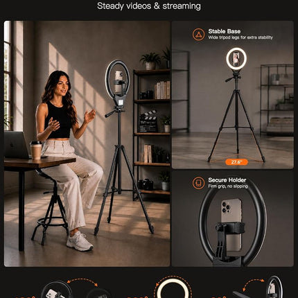 10'' Ring Light with 50'' Extendable Tripod Stand, Sensyne LED Circle Lights with Phone Holder for Live Stream/Makeup/YouTube Video/TikTok, Compatible with All Phones.