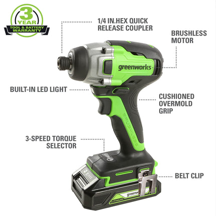 Greenworks 24V Brushless 310 in./lbs Drill/Driver + 2650 in./lbs Impact Driver Combo Kit, (2) USB (Power Bank) Batteries and Dual Port Charger Included LED Light, 2pcs Driving Bits with Tool Bag
