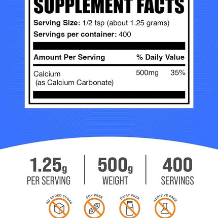 BulkSupplements.com Calcium Carbonate Powder - Calcium 500mg - Calcium Supplement - Vegan Calcium - Calcium Carbonate Food Grade - Calcium Powder - 1250mg per Serving (500 Grams - 1.1 lbs)