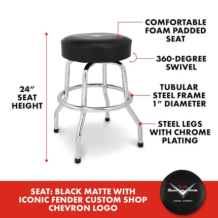 Fender Custom Shop Chevron Logo Swivel Barstool, Great Gifts for Dad, with 1 Year Limited Warranty, Simple Assembly, Black/Black, 24"