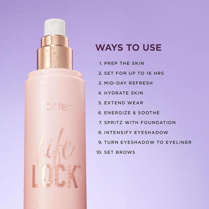 tarte life lock hydrating setting spray – 10-in-1 Weightless Mist to Hydrate & Lock Long-Lasting Makeup, Waterproof, Sweatproof & Transfer-Resistant, Vegan & Cruelty-Free, travel size