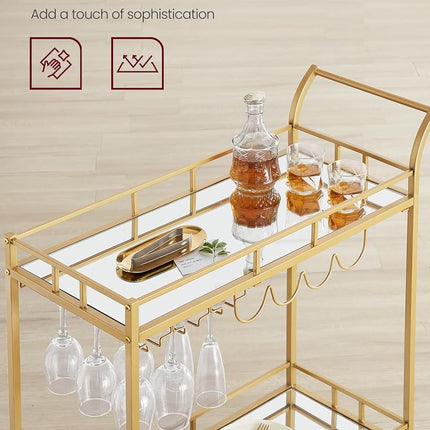 VASAGLE Bar Cart Gold, Home Bar Serving Cart, Wine Cart with 2 Mirrored Shelves, Wine Holders, Glass Holders, for Kitchen, Dining Room, Gold ULRC090A03