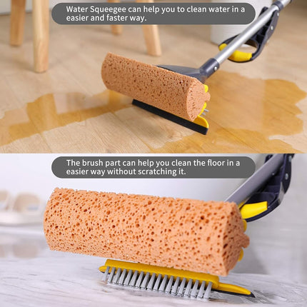 Yocada Fregona de esponja para uso comercial y doméstico, para limpieza de azulejos, baños, garajes, con 2 cabezales de esponja en total, escurridor y mango telescópico extensible largo de 42.5 a 52 pulgadas, fácil de escurrir y secar
