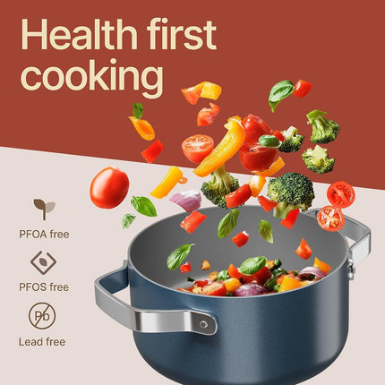 Blue 3 Quart Aluminum Stock Pot with Lid, Nonstick Ceramic Coated Boiling Pot, PTFE & PFAS Free, Oven Safe to 500°F, Riveted Stainless Steel Handles, Tempered Glass Lid, All Stove Compatible
