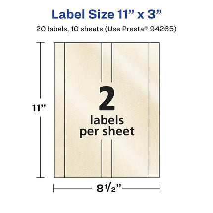 Avery Pearlized Ivory Rectangle Labels, 11" x 3", 20 Pearlized Ivory Labels, Laser/Inkjet Printable Labels