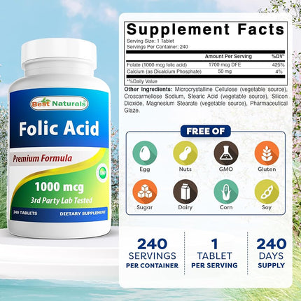 Best Naturals Folic Acid 1000 mcg (Vitamin B9), 240 Tablets (1000 mcg (Pack of 3))
