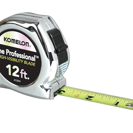 Komelon 412HV High-Visibility Professional Tape Measure, 12-Feet by 5/8-Inch, Chrome, Yellow, 12ft - Blade