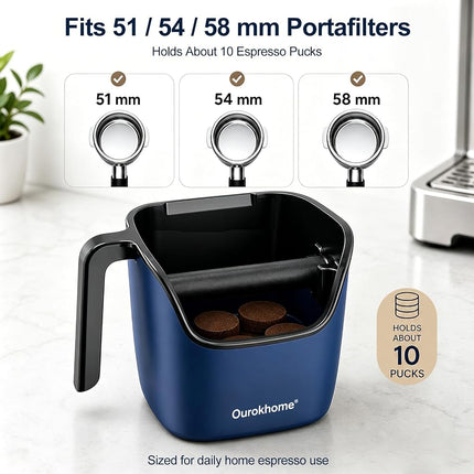Ourokhome Espresso Knock Box with Lid, Compact Coffee Grounds Container for Home Coffee Bar, Removable Knock Bar, 304 Stainless Steel Exterior, Non-Slip Base & Handle, Easy Clean (Deep Blue)