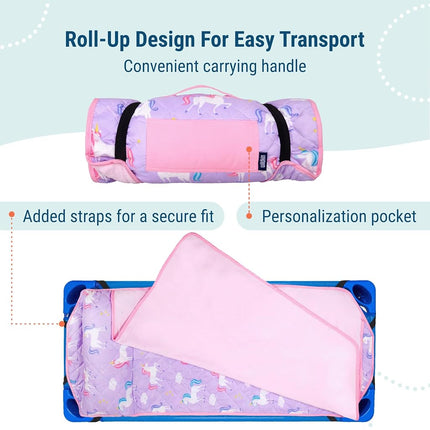 Tapis de sieste matelassé Wildkin pour enfants – Microfibre douce avec oreiller et sangles élastiques pour l'école et les voyages - Licorne
