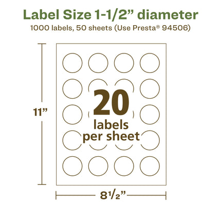 Avery EcoFriendly Matte White Recycled Round Labels, 1.5" Diameter, Print-to-The-Edge, Matte White Labels, Permanent Label Adhesive, Laser/Inkjet, 1,000 Printable Labels
