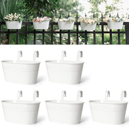 Dahey Pots de fleurs suspendus en fer de 10,5 pouces pour clôture de balustrade, pots suspendus de style campagnard avec crochets détachables, support de plantes pour fenêtre, décoration d'intérieur, blanc, 5 pièces