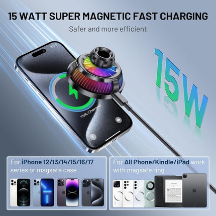 This Hill for MagSafe Car Mount Charger(360° Suction Cup & Aluminum Alloy Telescopic arm),15W Fast Charging Compatible with iPhone 15/14/13/12 Series, Magnetic Car Mount for Dashboard and Windshield