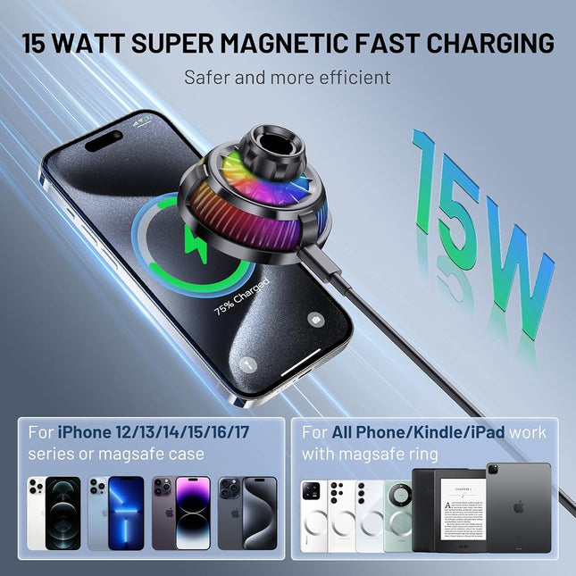 This Hill for MagSafe Car Mount Charger(360° Suction Cup & Aluminum Alloy Telescopic arm),15W Fast Charging Compatible with iPhone 15/14/13/12 Series, Magnetic Car Mount for Dashboard and Windshield