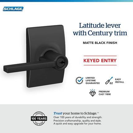 Schlage F51A LAT 622 CEN Century Collection Latitude Entrance Lock Lever, Matte Black