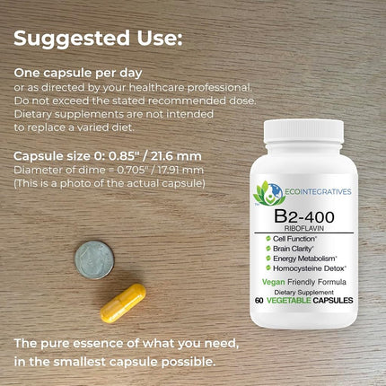 EcoIntegratives B2-400 Pure Riboflavin - Nervous System Health, Homocysteine Detox, Cardiovascular, Helps Boost Energy, Mental Clarity, Metabolism and Cell Function (60, Unflavored)