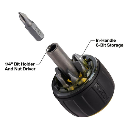 Klein Tools 32961A 8-in-1 Tru-Grip Screwdriver with Stubby, Phillips, Slotted, Square Tips, 1/4-Inch Nut Driver, Rare-Earth Magnet, 6-Bit Storage, Ball-Style Handle
