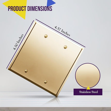 ENERLITES Placa de pared metálica para dispositivo en blanco, acero inoxidable resistente a la corrosión, tamaño 2 módulos 4.50" x 4.57", acero inoxidable 201, 7702-PB, latón pulido, oro