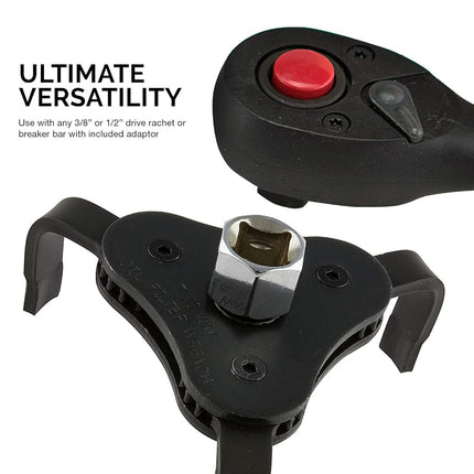 Neiko 03421A Two Way Auto-Adjustable Oil Filter Wrench | 3-Jaw Design | 3/8" Square Drive Socket Includes 1/2" Adaptor