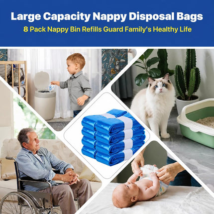 Nappy Bin Refills, 7.5m Extra-Long Diaper Pail Bags Compatible with Tommee Tippee Twist & Click and Sangenic TEC Bins, Multi-Layer Odour-Blocking Refill Liners for Nappy Disposal (6Packs)