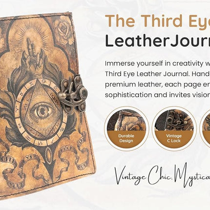 TUZECH Book of Spells Leather Bound Journal Deckle Edge Paper Grimoire Printed Diary Third Eye witchcraft supply and Witch Spell Notebook Antique Vintage Book for Men and Women (The Third Eye)