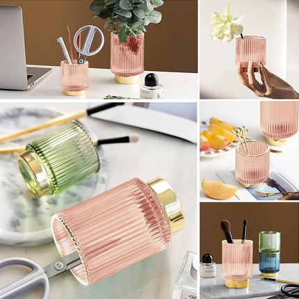 DASITON Makeup Brush holder Organizer,Crystal Cosmetic Makeup Brush Glass Brushes Storage Holder, Vintage Make Up Brush Cup Pen Pencil Holder striped vase(Pink S+L)