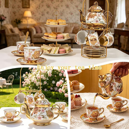 Tea Sets Gold Plated Red Rose Ceramic Tea Set, Vintage Teapot Tea Sets Beautiful Tea Set Coffee Serving 6 People (Pink, Medium)