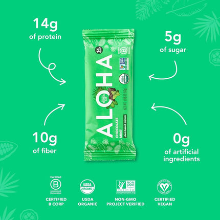 ALOHA Organic Plant Based Protein Bar, Chocolate Mint, 1.9 oz, 12 Count, Vegan, Gluten Free, Non-GMO, Stevia Free, Soy Free, Dairy Free