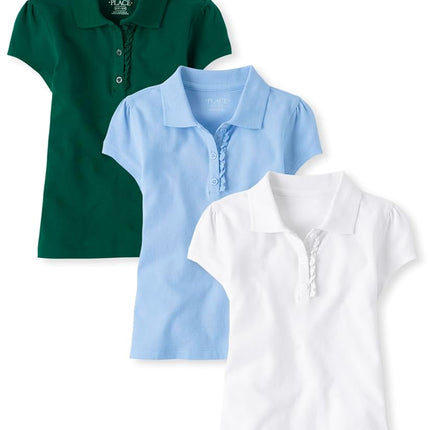 The Children's Place Girls' Short Sleeve Ruffle Pique Polo Multipack, Spruceshad/Daybreak/White 3-Pack, Spruceshad/Daybreak/White 3-Pack, Large