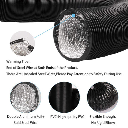 4Inch 10FT Long Flexible Aluminum Air Ducting, Heavy-Duty Black 4 Layer Dryer Vent Hose, Dryer Duct for HVAC Ventilation,Duct Fan Systems, 2 Stainless Steel Clamps Include