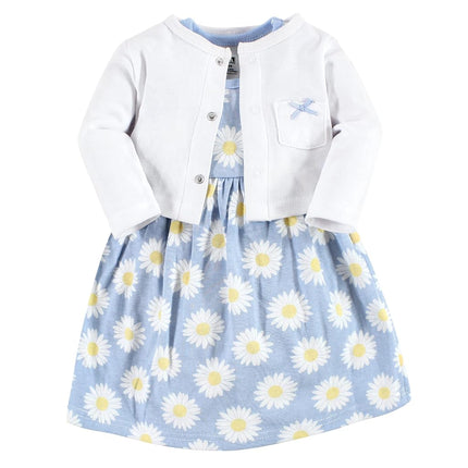 Hudson Baby Baby Girls' Cotton Dress and Cardigan Set, Blue Daisy, 3T