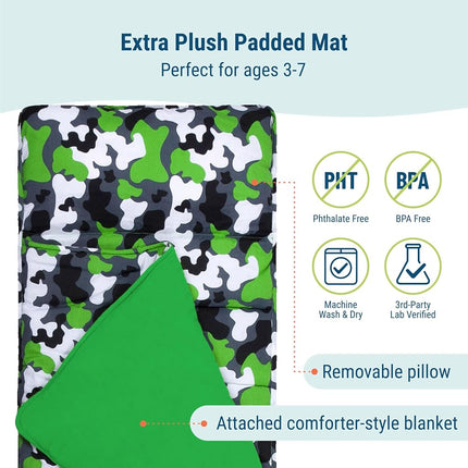 Wildkin Original Nap Mat with Pillow for Toddler Boys and Girls, Measures 50 x 20 x 1.5 Inches, Ideal for Daycare and Preschool, Mom's Choice Award Winner, BPA-Free (Camo Green)