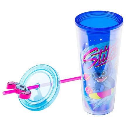 Vaso de plástico frío Silver Buffalo Disney Lilo & Stitch Cosmic Surfer con tapa y adorno para pajilla, 709 ml