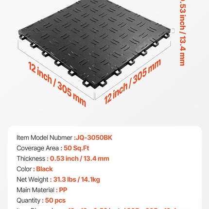VEVOR Garage Tiles Interlocking, 12 x 12 x 0.53 inch 50 Pack Garage Floor Covering Tiles, Non-Slip Double-Sided Texture Garage Flooring Tiles, for Garages, Basements, Repair Shops, Black