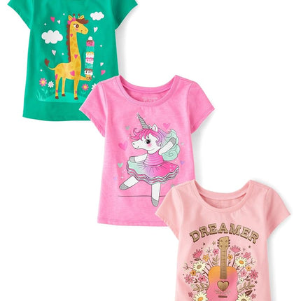 The Children's Place Baby Toddler Girl Short Sleeve Graphic T-Shirt 3-Pack, Giraffe/Unicorn/Guitar, 3T