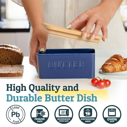 PriorityChef Extra Large Butter Dish with Lid for Countertop, Ceramic Butter Container with Airtight Cover, Butter Keeper for Counter or Fridge, Butter Holder Storage, Dark Blue