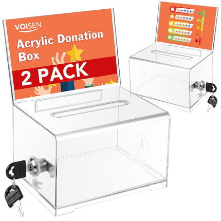 VOISEN Clear Donation Box with Lock,2 Pack Tip Jar
