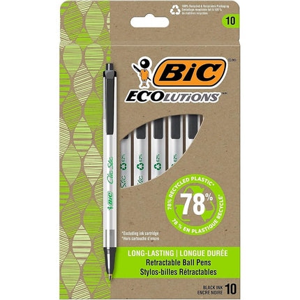 Stylos à bille rétractables BIC® Revolution Clic Stic, pointe moyenne, 1,0 mm, 62 % de matériaux recyclés, corps semi-transparent, encre noire, paquet de 10 stylos