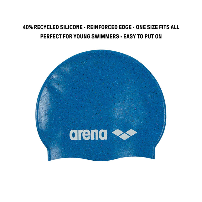 Arena Junior Recycled Silicone Unisex Swim Cap for Girls and Boys Comfortable Durable Kids’ Pool Bathing Cap, One Size, Blue Multi
